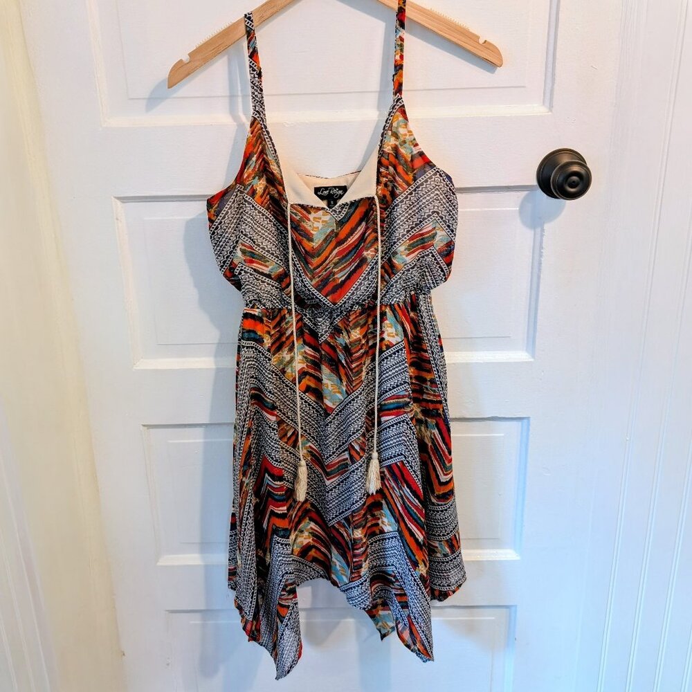 Love Reign Boho Handkerchief Hem Spaghetti Strap Dress Size S, Blue White Orange